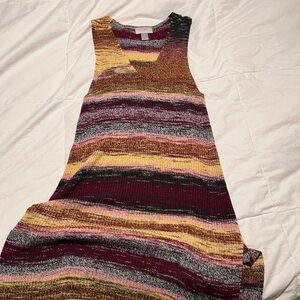 LOFT Burgundy, Gold & Navy Striped V-Neck Knit Midi Dress or Tunic Size Large